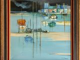 une peinture à l'huile d'une scène portuaire avec des bateaux dans l'eau