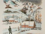 painting of a man walking in the snow with a dog