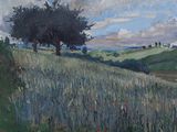 an oil painting of a field with a lone tree in the distance
