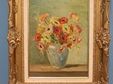 a painting of flowers in a vase on a shelf