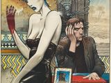 painting of a man and a woman sitting on a bench in front of a window