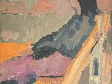 une peinture à l'huile représentant une femme assise sur un banc, le regard tourné vers l'eau