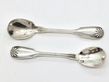 pair of silver spoons on a white surface with a white background