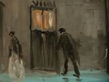 a painting of a man and a woman walking down the street
