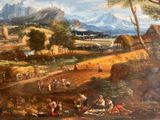 peinture représentant un tableau représentant un paysage avec un village et une rivière