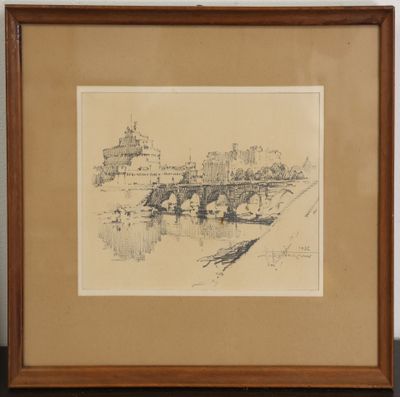 dessin d'un pont au-dessus d'une étendue d'eau avec un bâtiment en arrière-plan