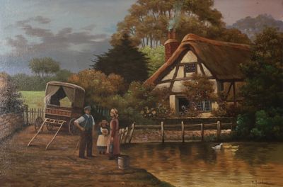 un tableau représentant des personnes debout devant un chalet