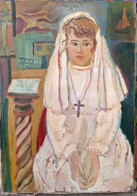 tableau représentant une femme en robe blanche assise sur une chaise