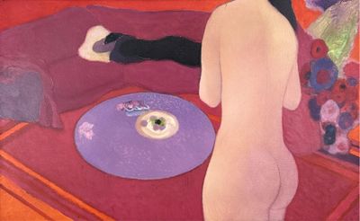 a painting of a nude woman sitting on a red couch