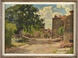 une image représentant une peinture d'une rue de village avec une calèche