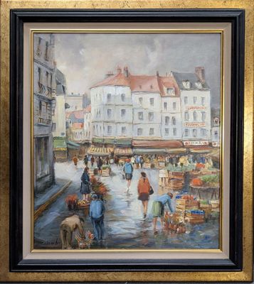 une peinture à l'huile représentant une scène de rue en ville, avec des personnages et des bâtiments