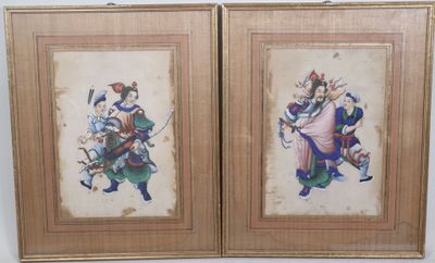 two framed paintings of a man and a woman on a horse