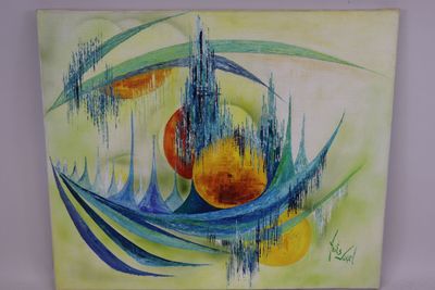 peinture abstraite représentant des oranges et des feuilles bleues sur fond jaune