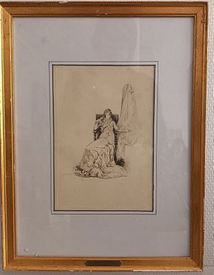 framed drawing of a man and a woman sitting on a bench