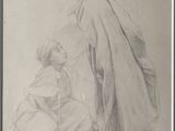 a drawing of a woman kneeling next to a man in a robe
