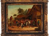 an oil painting of a group of people dancing in front of a house
