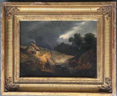 une peinture à l'huile représentant un paysage de montagne avec une maison au premier plan