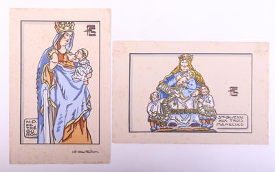 deux cartes avec l'image d'une femme tenant un bébé et d'un homme assis sur un trône