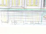 drawing of a dog laying on the ground in front of a house