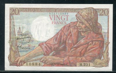 le recto d'un billet de banque sur lequel figure le dessin d'une femme assise sur un banc