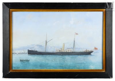 une peinture à l'huile représentant un bateau sur un plan d'eau, avec une montagne en arrière-plan