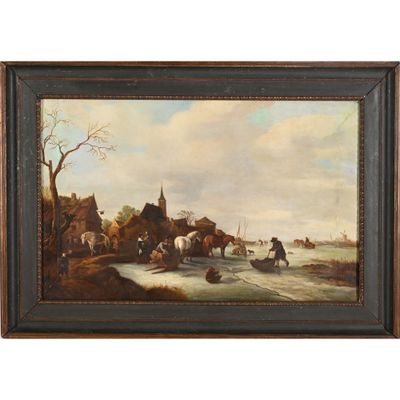 peinture à l'huile d'une scène de village avec une voiture à cheval