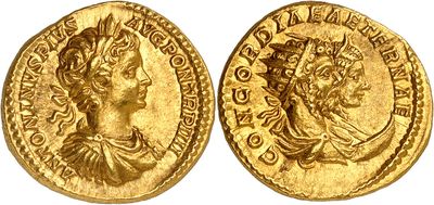 a gold coin with an image of a woman and a man on it