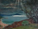 an image of a painting of a tree on a hill by the ocean