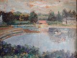un tableau représentant une petite maison au bord de l'eau