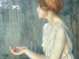 painting of a woman in a white dress holding a bird in her hand