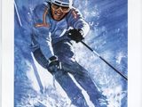 affiche représentant un homme descendant une montagne à ski, équipé d'un casque et de lunettes de ski