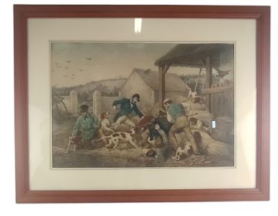 tableau représentant un groupe d'hommes et de chiens dans une étable, avec un chien