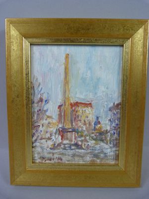 une peinture à l'huile représentant un paysage urbain, dans un cadre doré