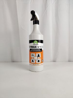 une bouteille blanche contenant un liquide, surmontée d'un bouchon noir