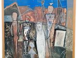 une peinture abstraite représentant un groupe de personnes se tenant debout devant un ciel bleu