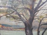 a painting of a tree and a bench by the water