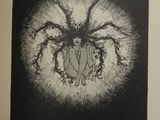 a black and white drawing of a spider on a black background