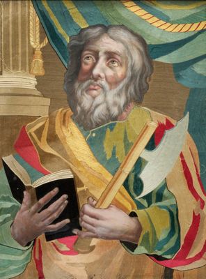 painting of a man holding a book and a book in his hands