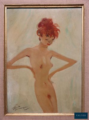 une peinture à l'huile représentant une femme aux cheveux roux, torse nu