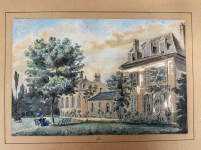 tableau représentant une vieille maison avec un banc devant
