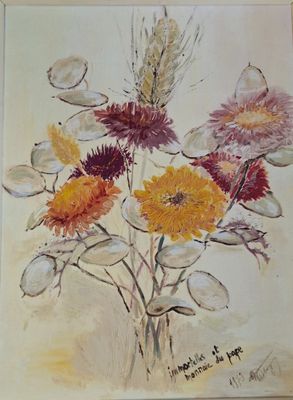 une peinture représentant un bouquet de fleurs sur une table