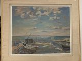 a picture of a painting of a boat on the beach