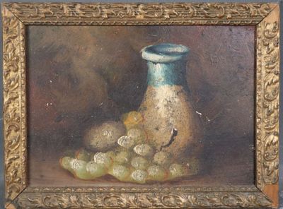 an oil painting of grapes and a vase on a table