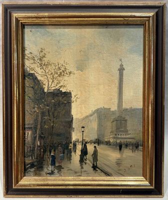 painting of a street scene with people walking and a clock tower in the background