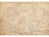 un vieux dessin représentant un groupe de personnes devant un bâtiment