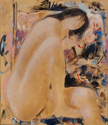 une image représentant un tableau d'une femme nue assise sur un canapé