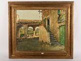 une peinture à l'huile représentant une scène de rue avec un pont en arrière-plan