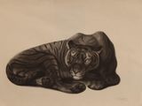 painting of a tiger resting on a rock in a black and white photo