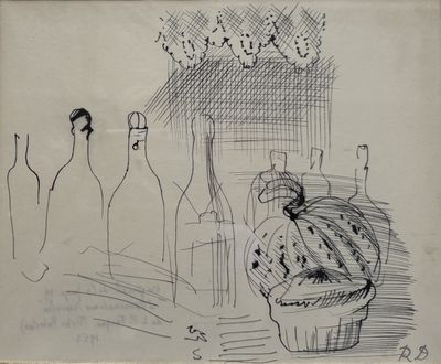 sketches of bottles and vases on a table with a drawing of a bird