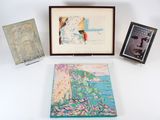 three framed pictures and a painting of a woman on a white background